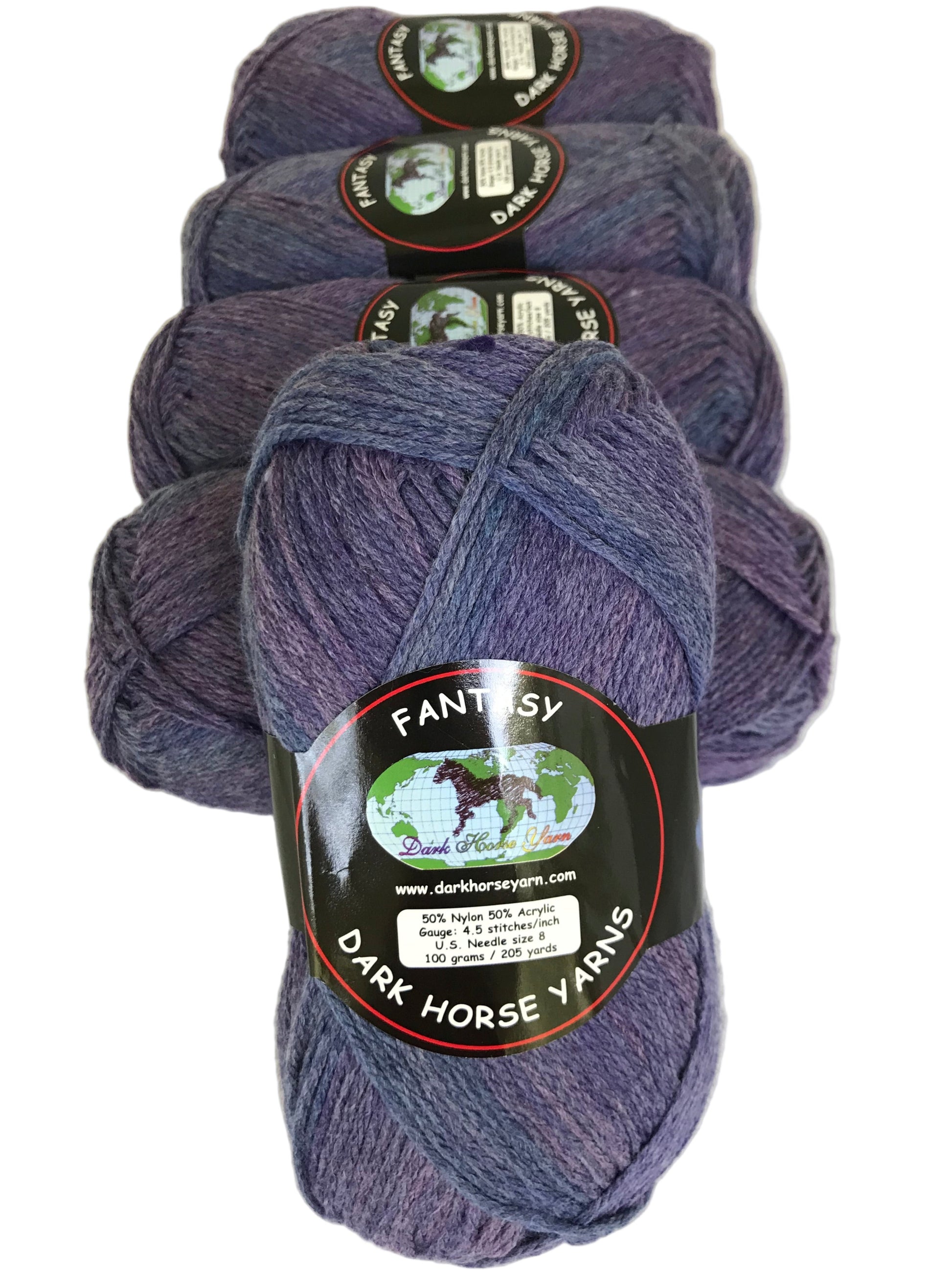 Five skeins of dark purple yarn with 'Fantasy Dark Horse Yarns' labels on a white background.