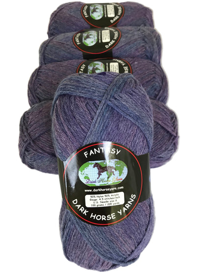 Five skeins of dark purple yarn with 'Fantasy Dark Horse Yarns' labels on a white background.