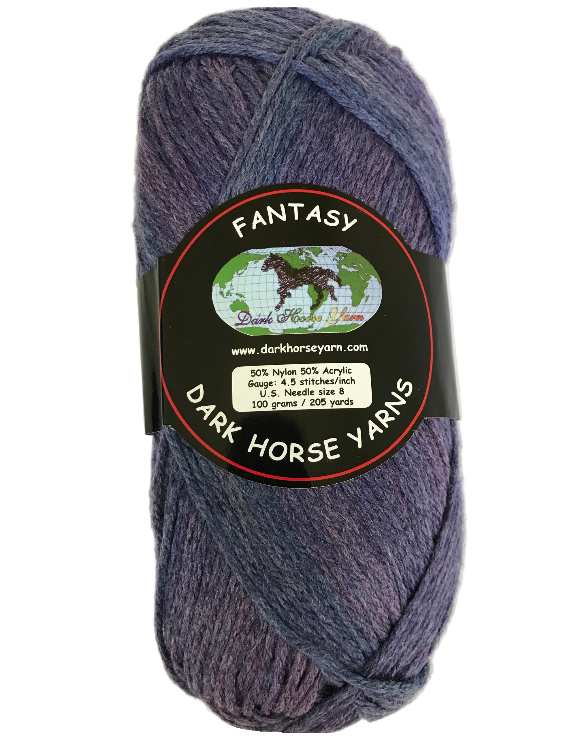 Ball of yarn with a label from Dark Horse Yarns on a white background