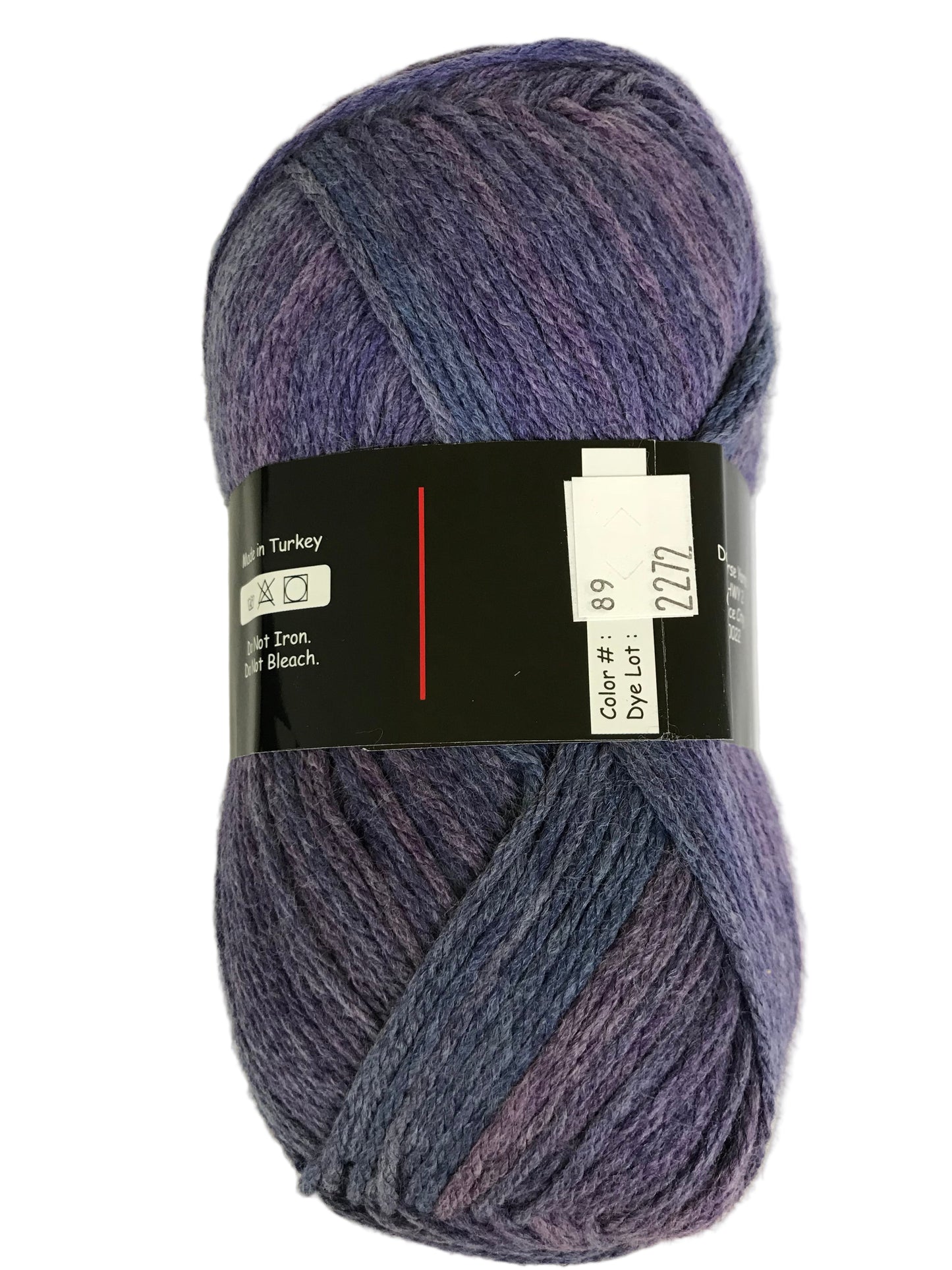 Ball of purple yarn with a label on a white background