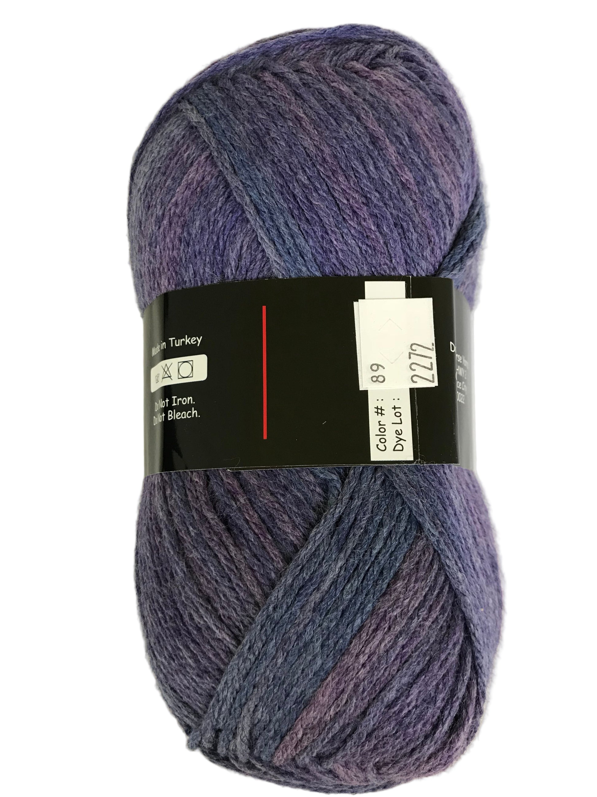 Ball of purple yarn with a label on a white background