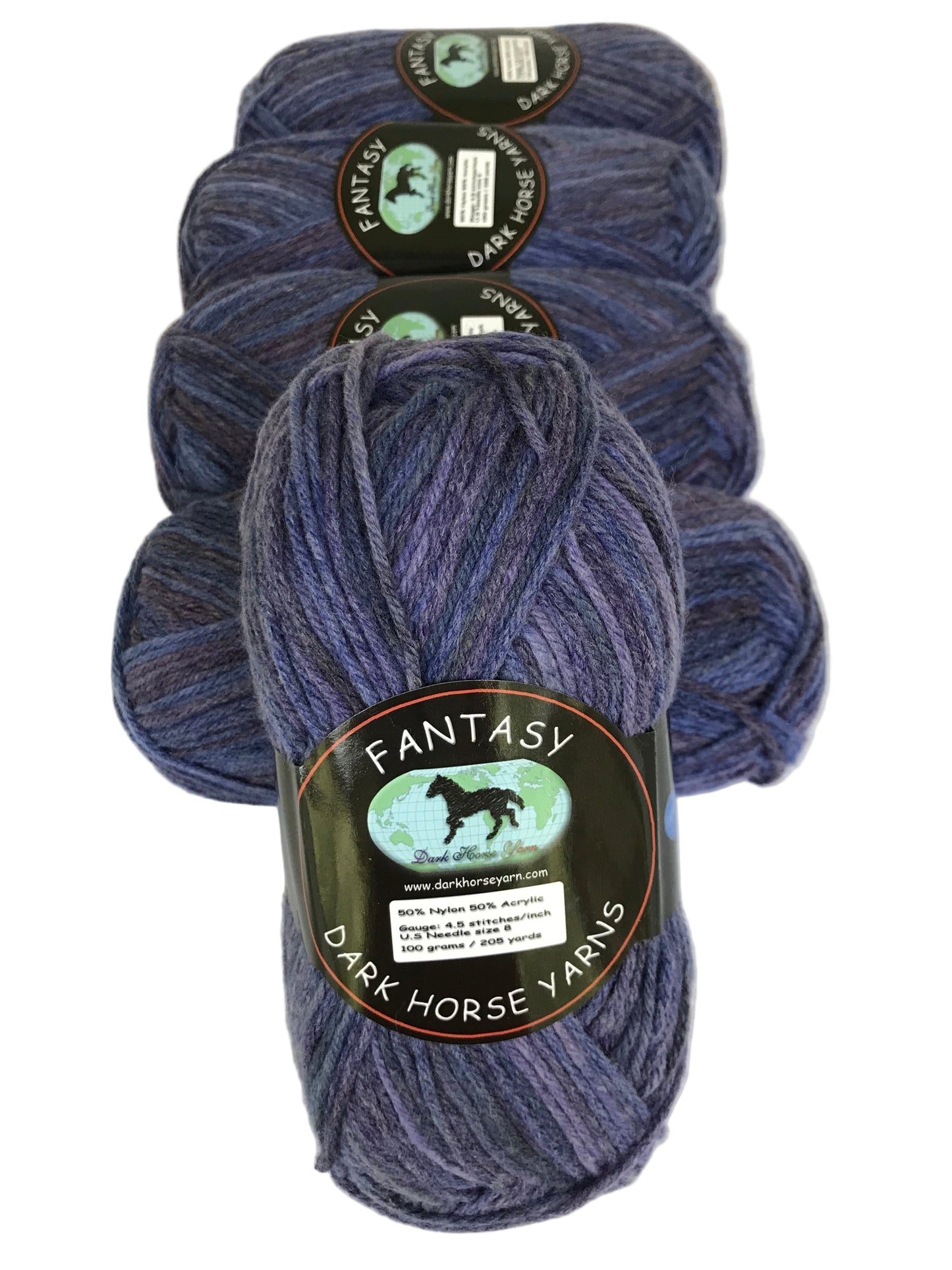 Four skeins of dark blue yarn with 'Fantasy Dark Horse Yarns' labels on a white background.