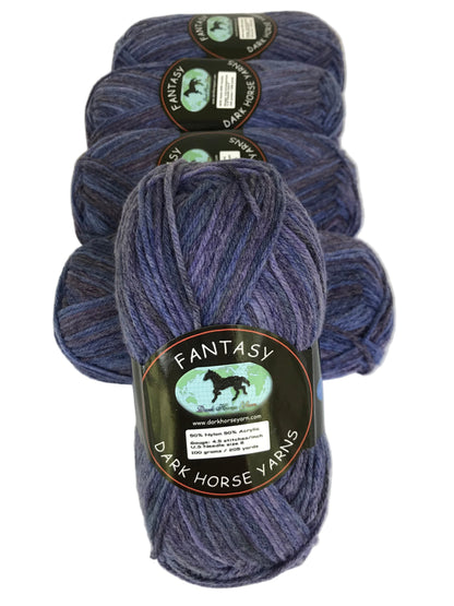 Four skeins of dark blue yarn with 'Fantasy Dark Horse Yarns' labels on a white background.