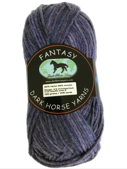 Ball of dark blue yarn with a 'Dark Horse Yarns' label on a white background