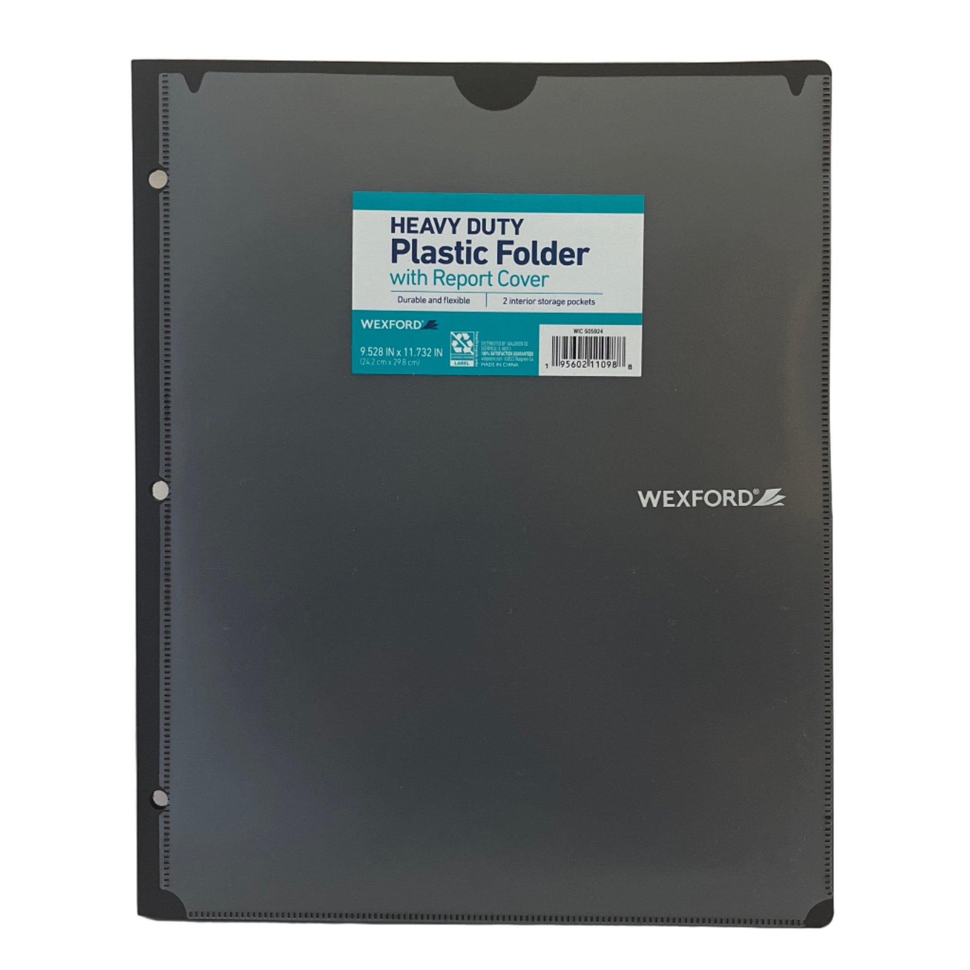 Black plastic folder with a label on a white background