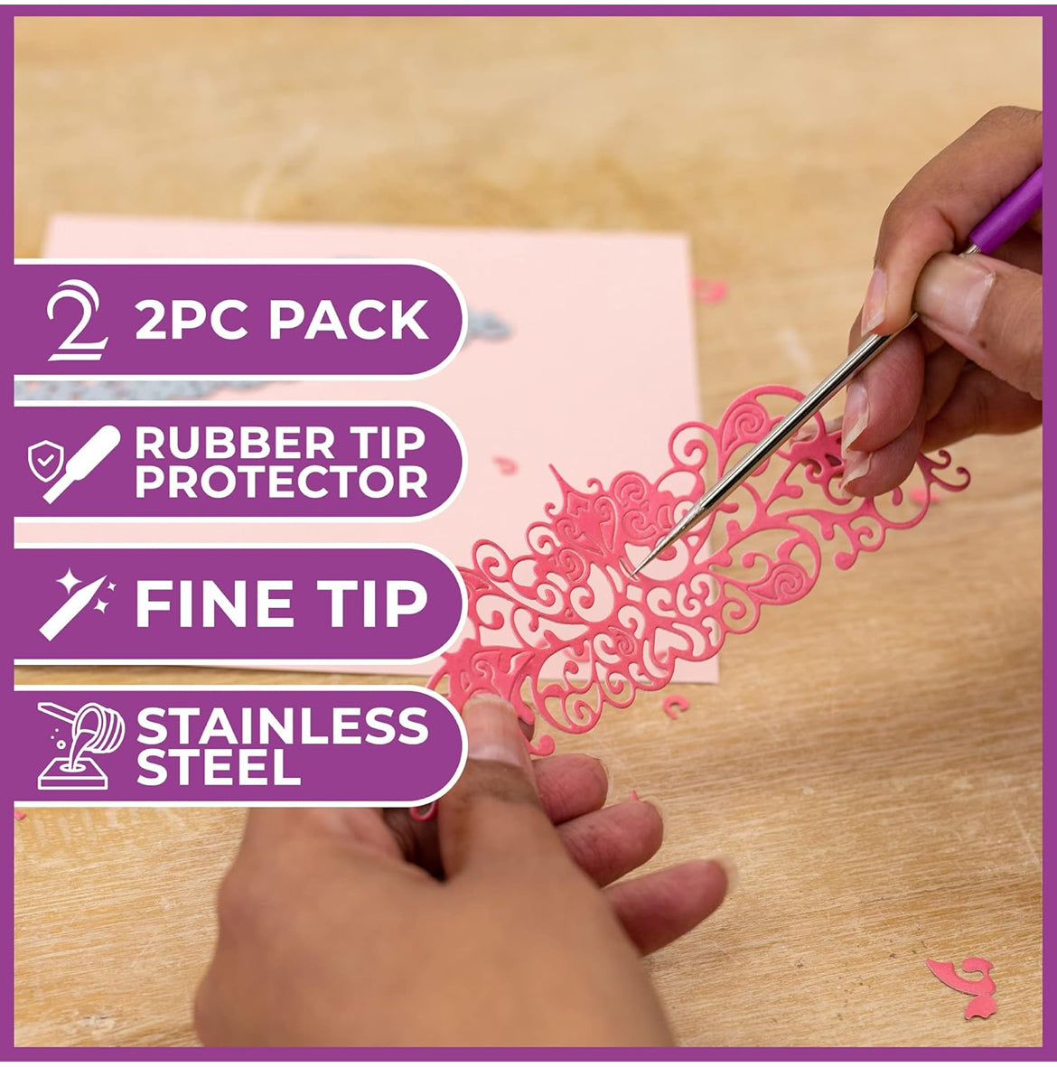 Person using a pink craft tool with text highlighting features on a wooden surface