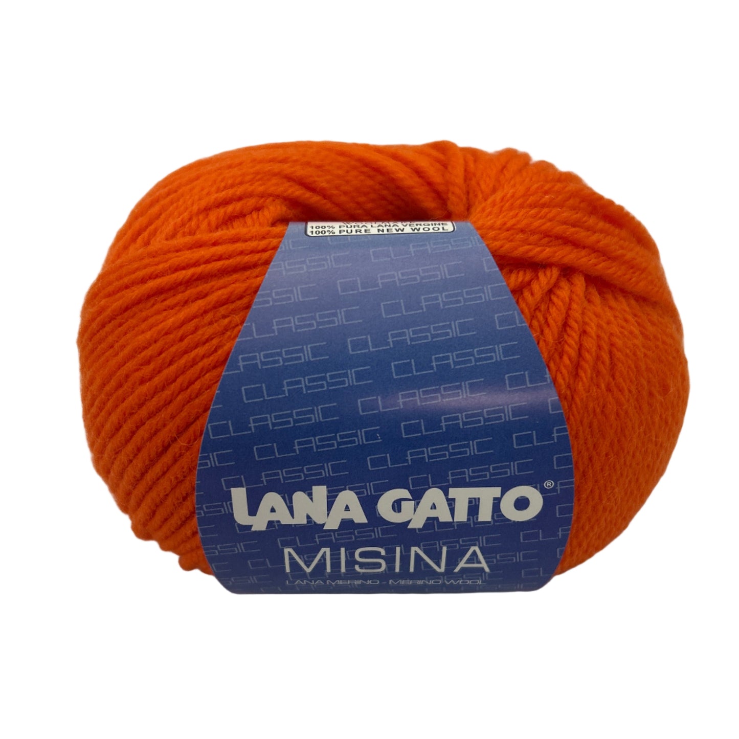 Ball of orange yarn with a blue label featuring 'Lana Gatto' on a white background