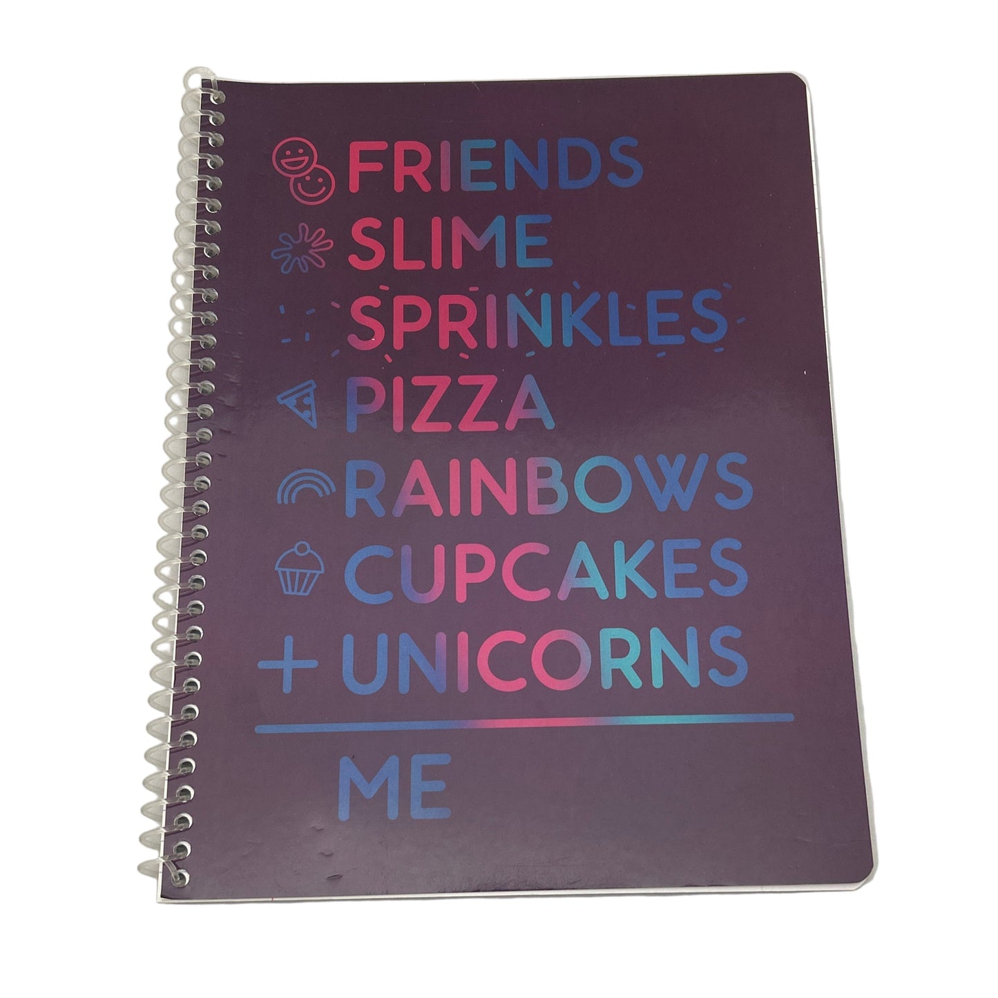 Notebook with colorful text on a white background
