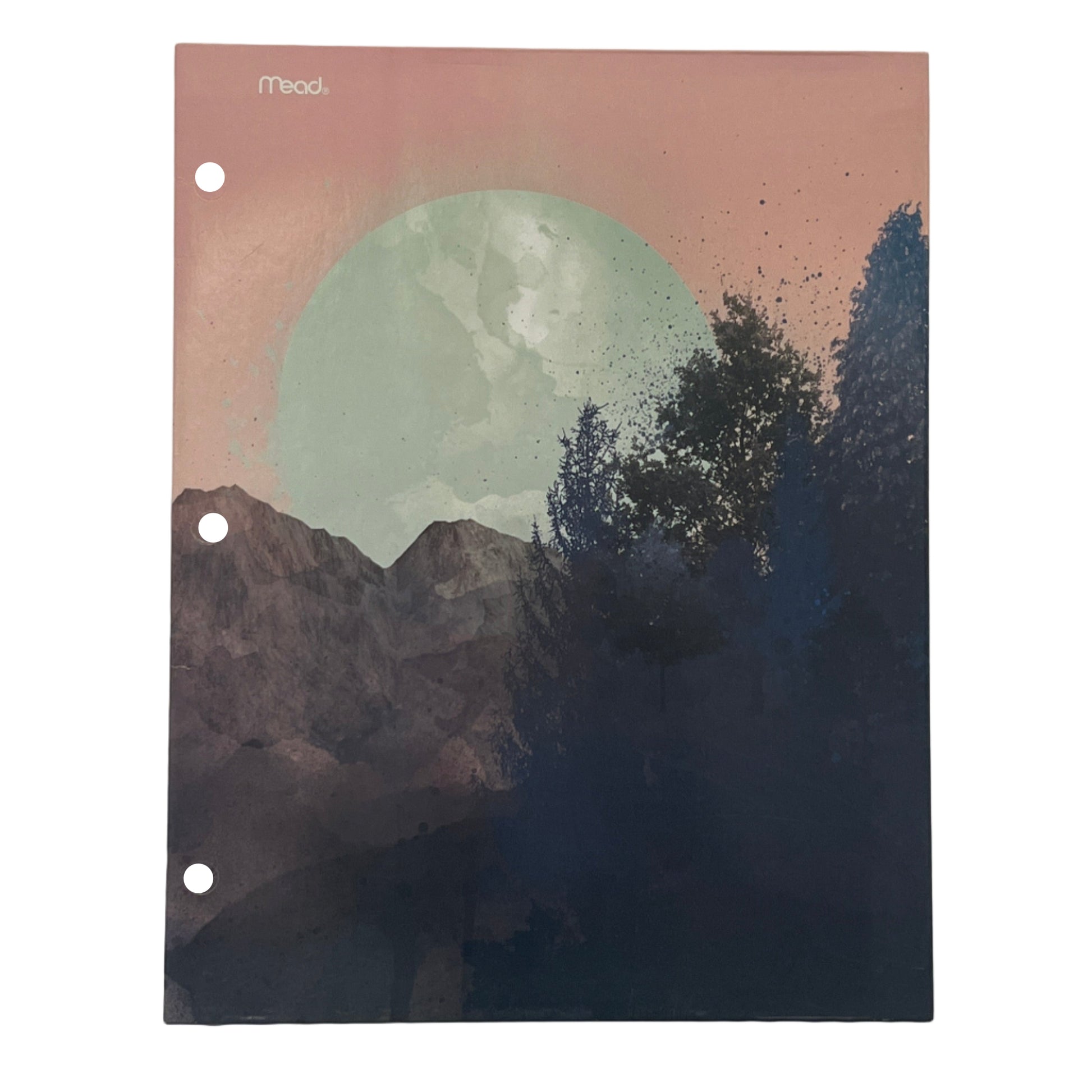 Notebook cover with mountain and moon design on a white background