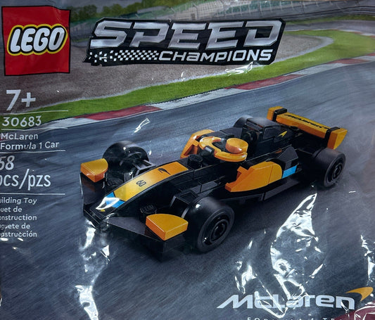 Plastic-wrapped LEGO Speed Champions toy car package on a wooden surface