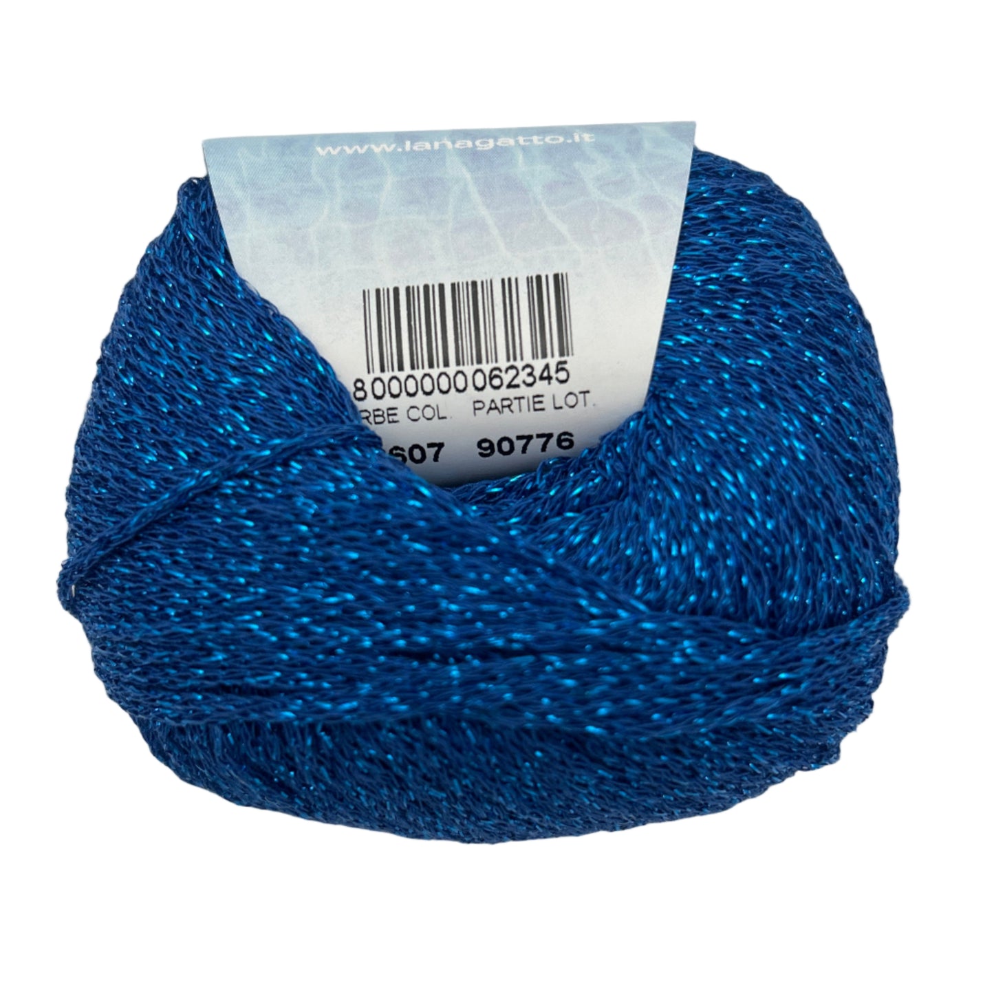 Blue yarn ball with a label on a white background