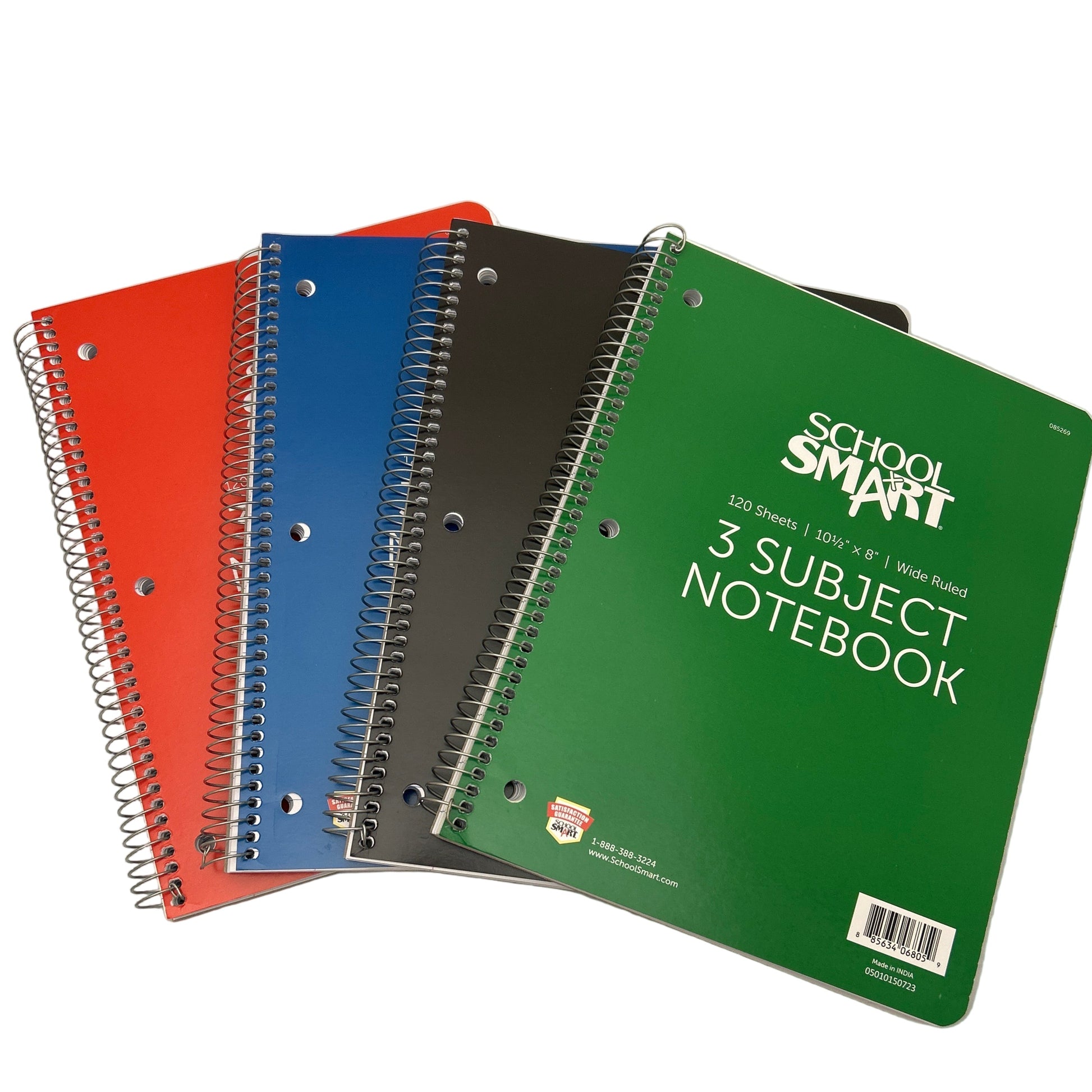 Set of four colorful three-subject notebooks with 'School Smart' branding on a white background.