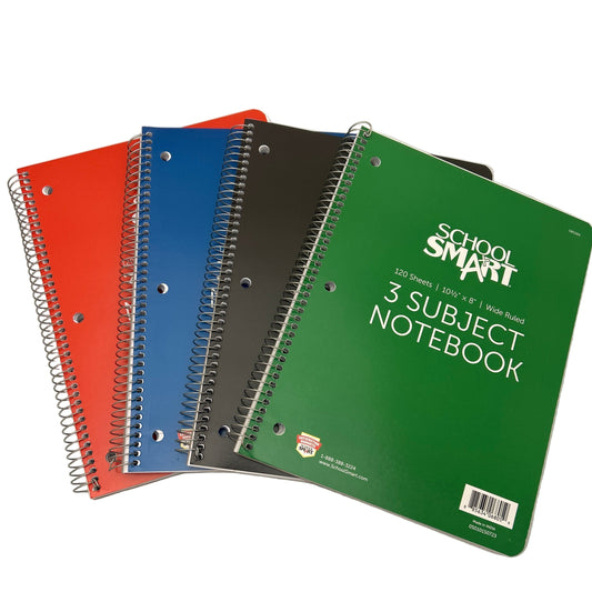 Set of four colorful three-subject notebooks with 'School Smart' branding on a white background.