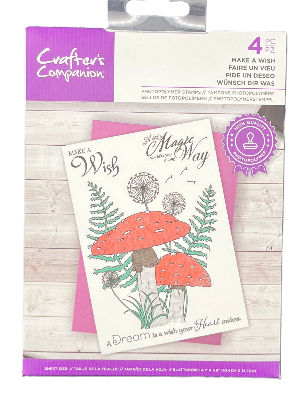 Packaged photo polymer stamps with mushroom design and 'Make a Wish' text, brand 'Crafters Companion' visible.