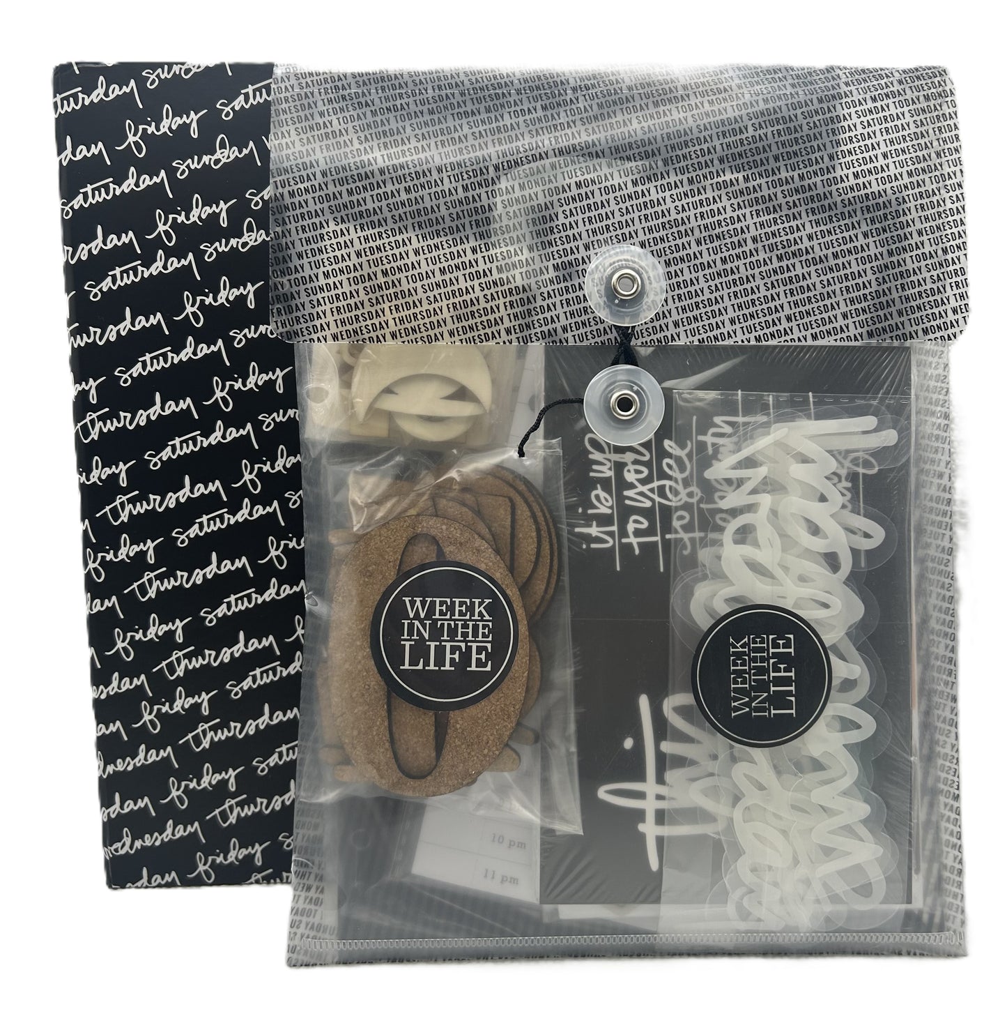 Packaged hair accessories with 'Week in the Life' branding on a white background