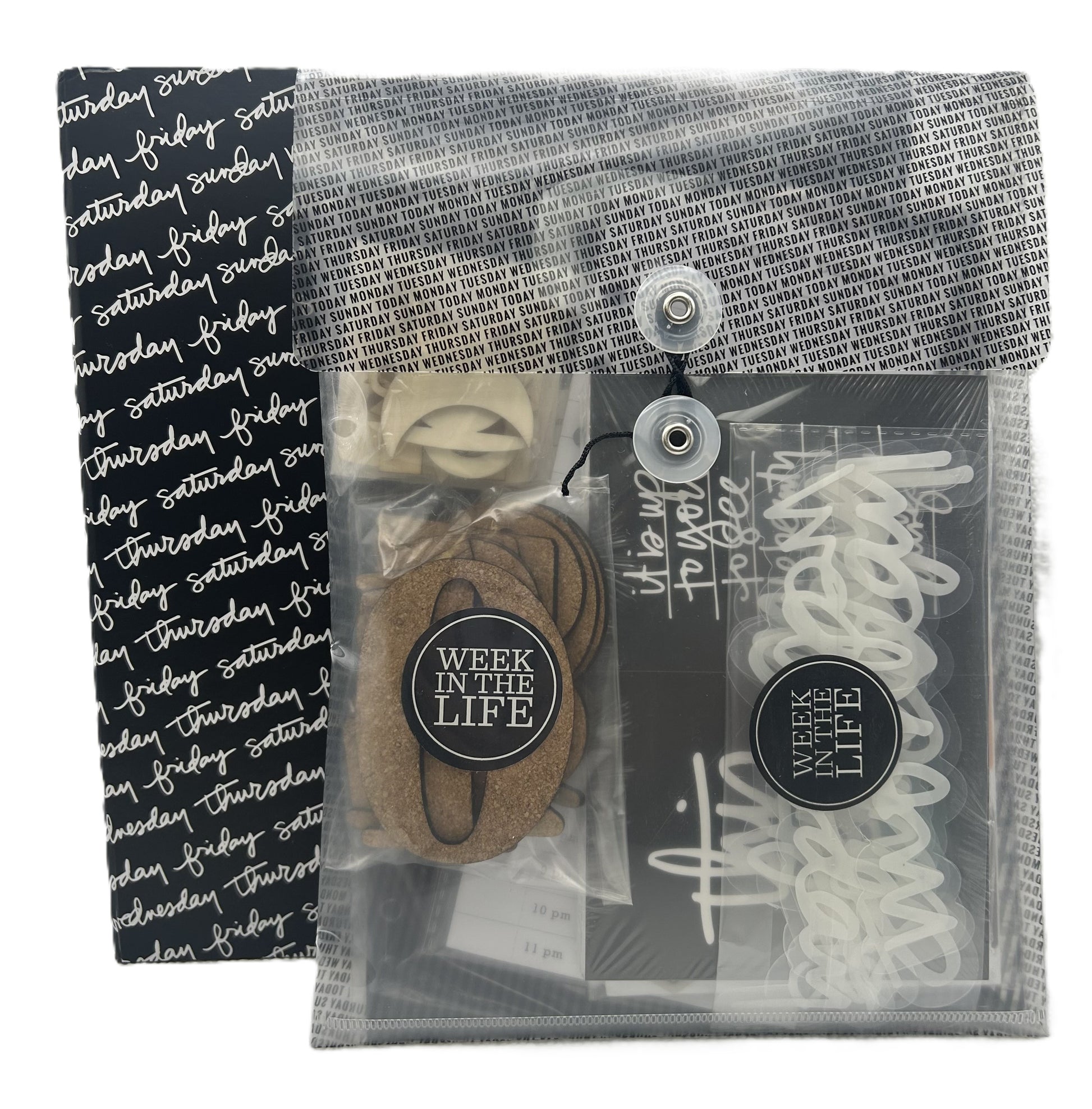 Packaged hair accessories with 'Week in the Life' branding on a white background