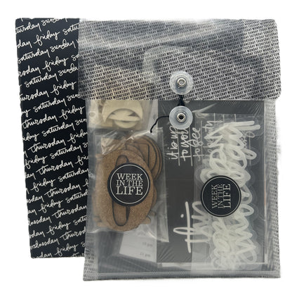 Packaged hair accessories with 'Week in the Life' branding on a white background