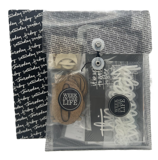Packaged hair accessories with 'Week in the Life' branding on a white background
