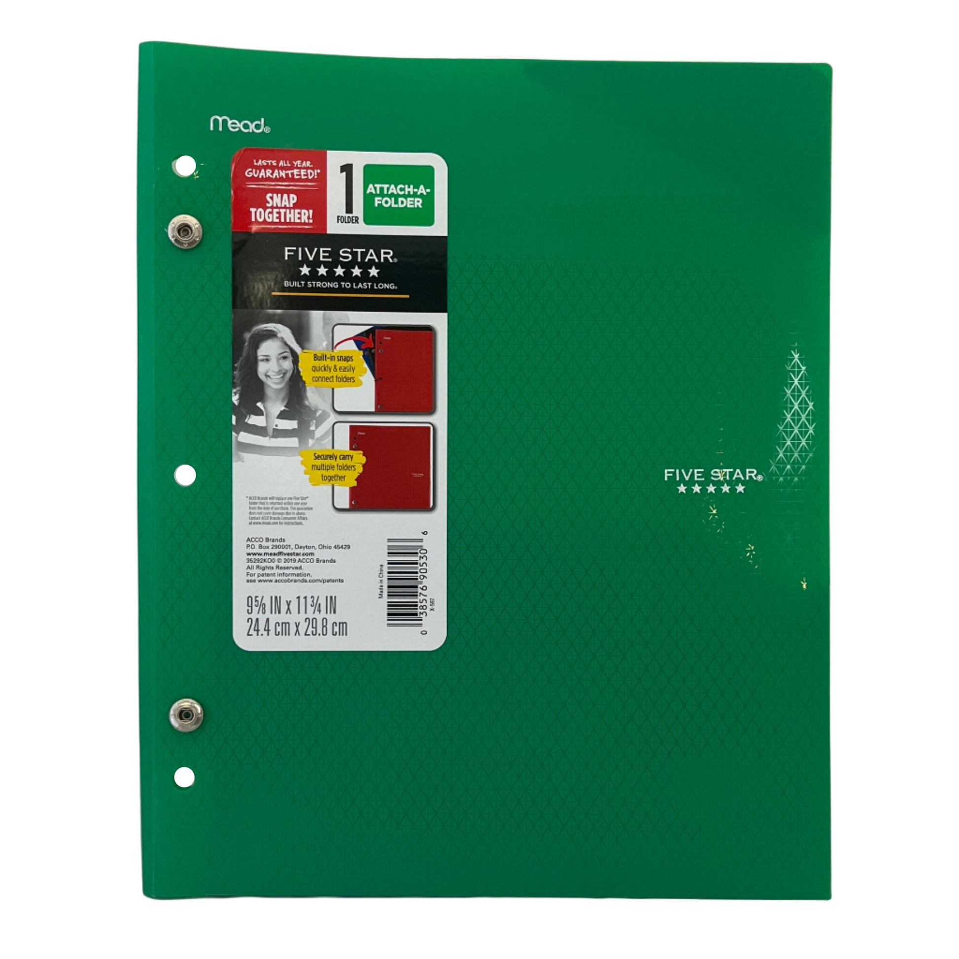 Green notebook with a label on a white background