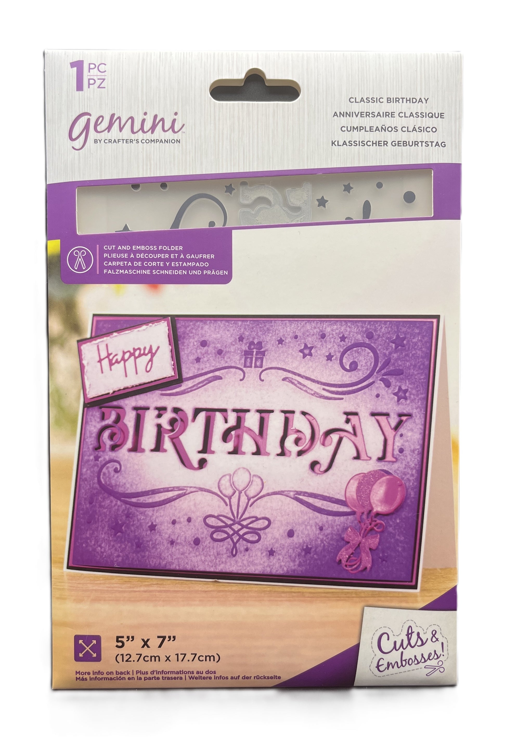 Package of Gemini embossing folder with 'Happy Birthday' design on a white background