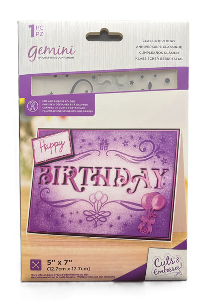Package of Gemini embossing folder with 'Happy Birthday' design on a white background