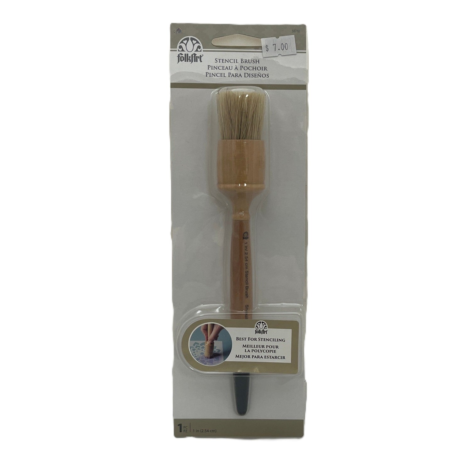 Stencil brush in packaging with visible brand label on a white background