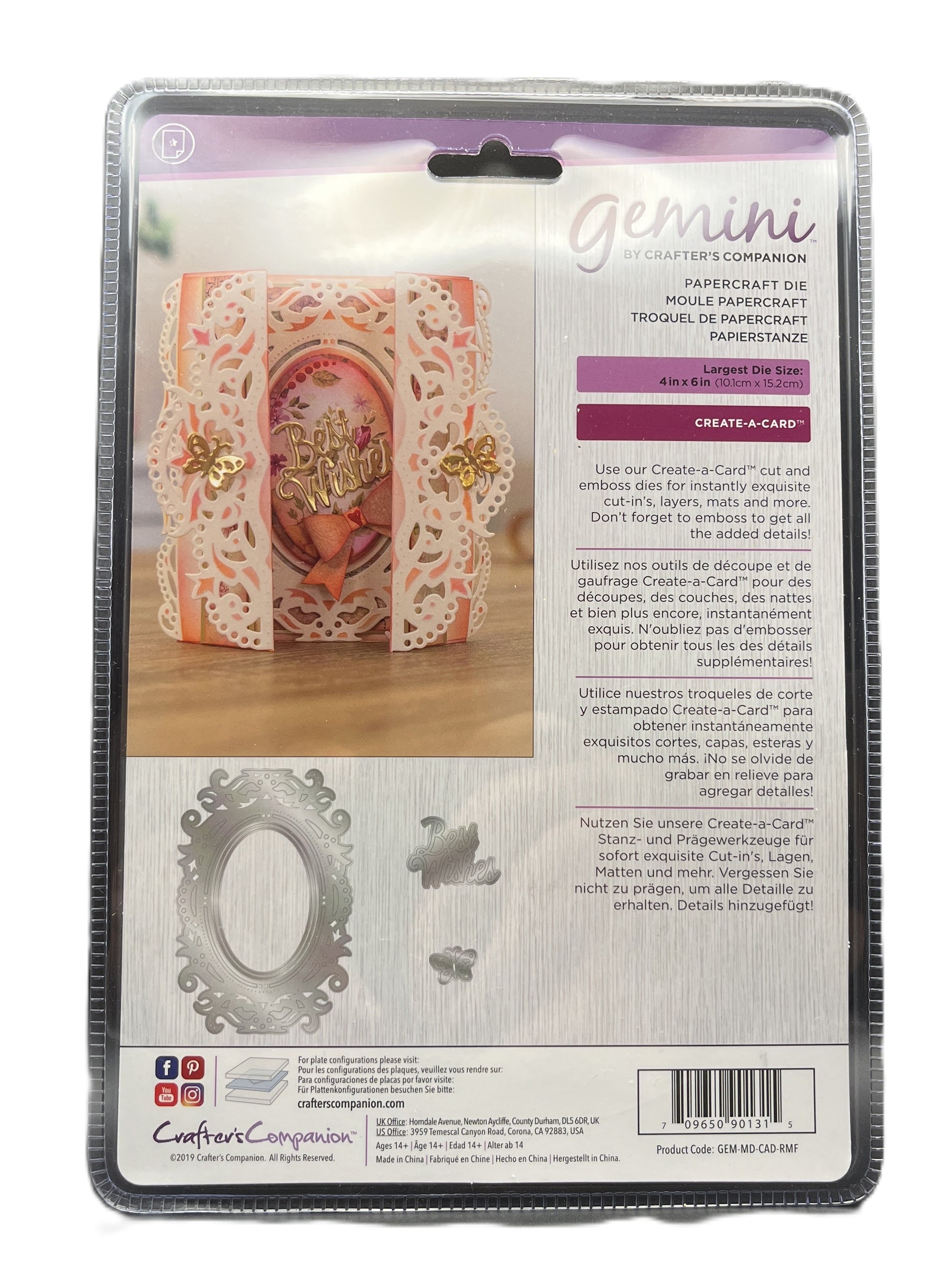 Packaging of Gemini Crafters Companion die set with a decorative card on a white background