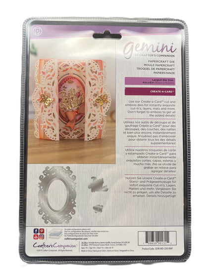 Packaging of Gemini Crafters Companion die set with a decorative card on a white background