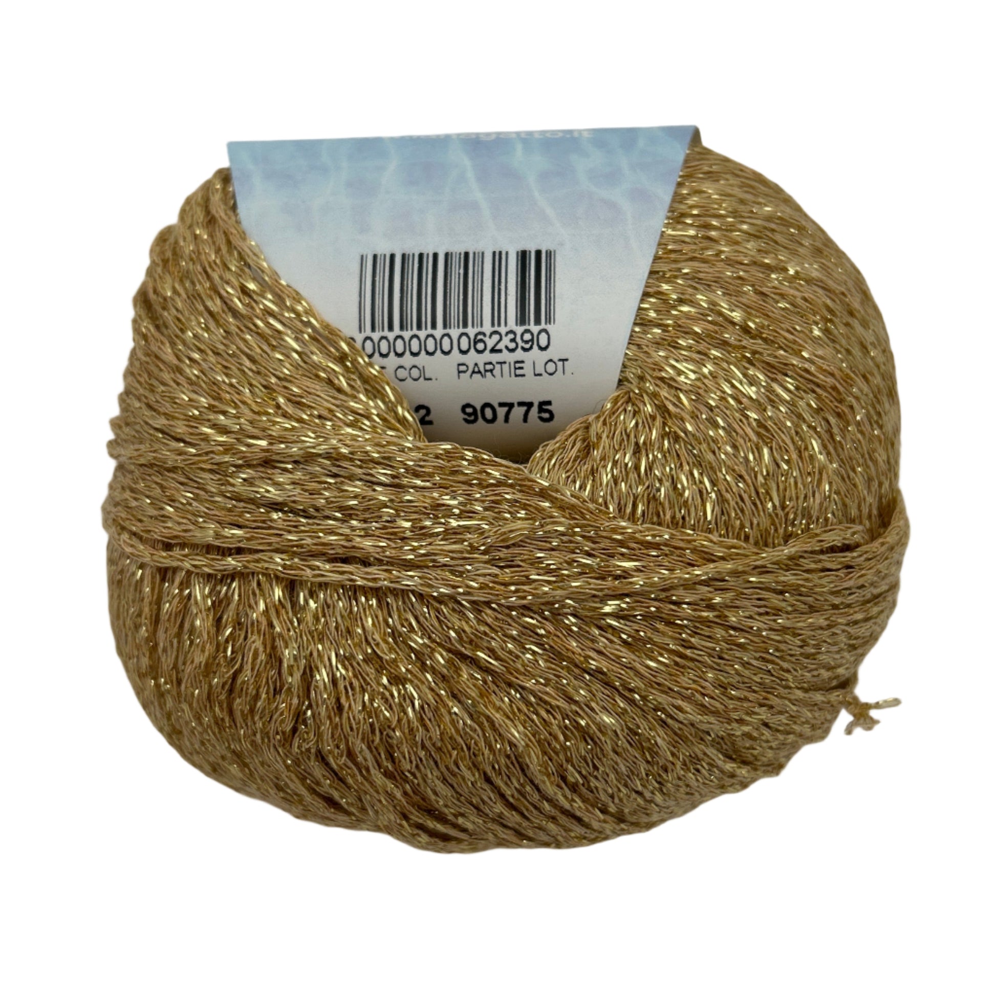 Gold yarn ball with a label on a white background