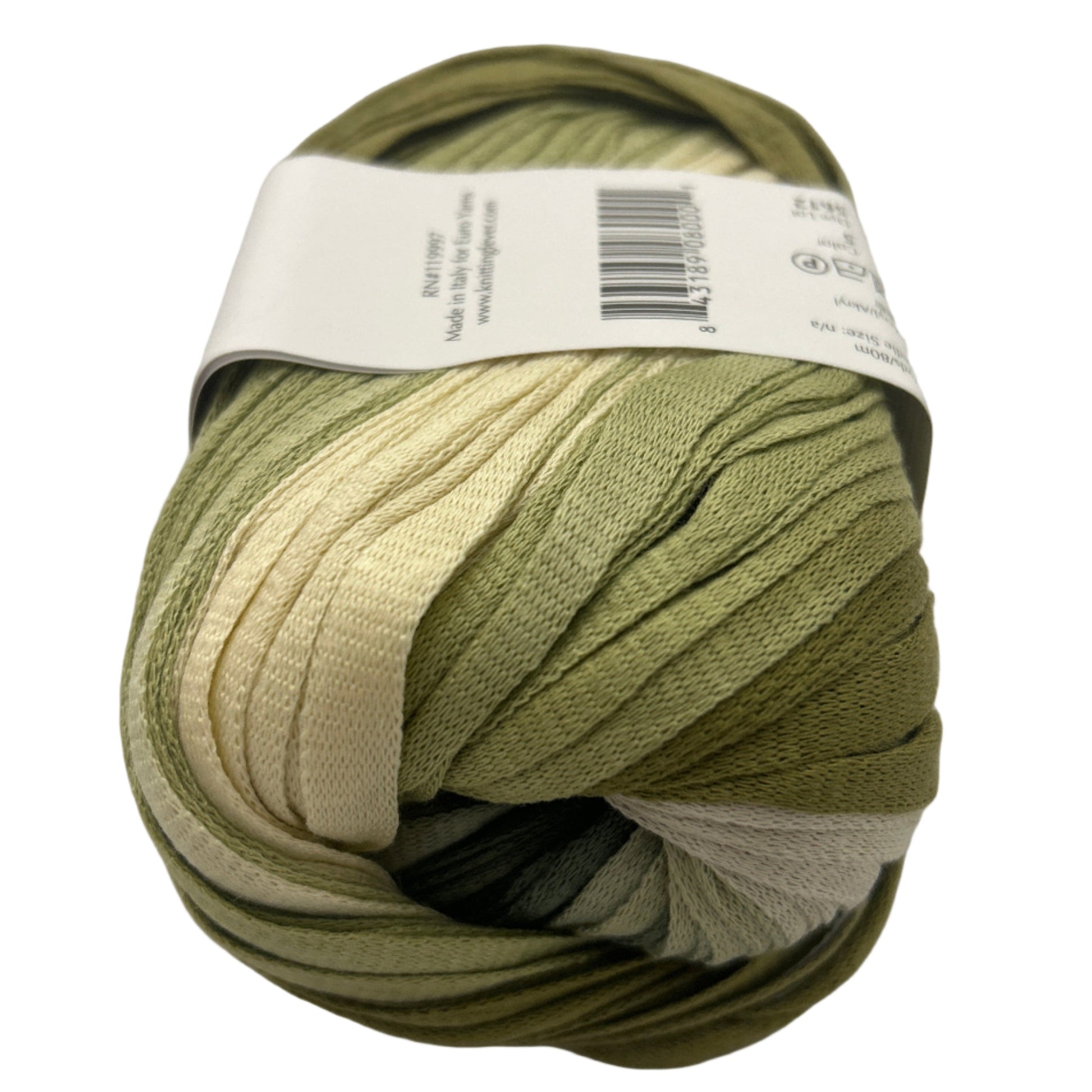 Ball of green yarn with a label on a white background
