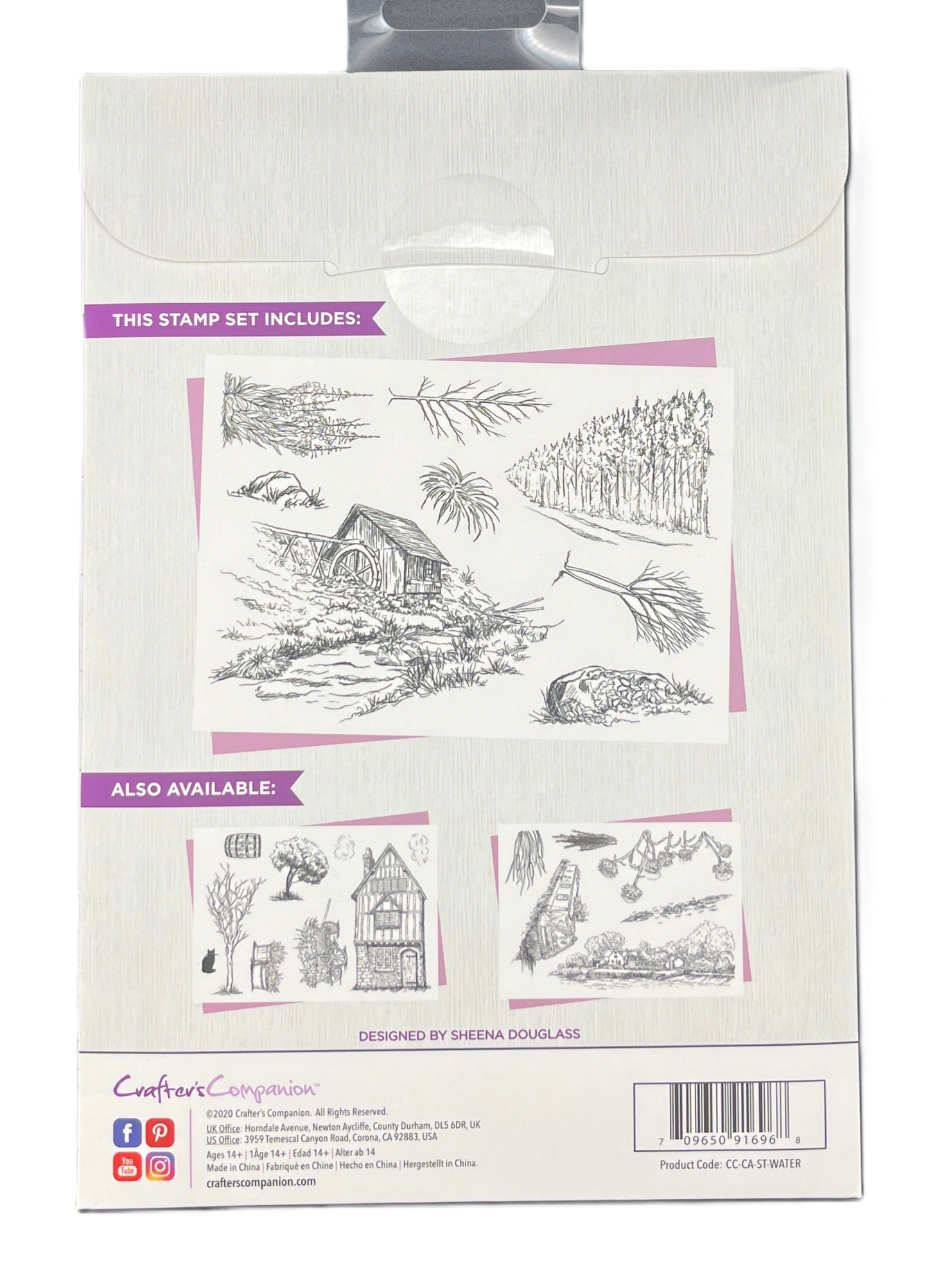 Packaging of a stamp set with illustrations of nature scenes and a cabin.