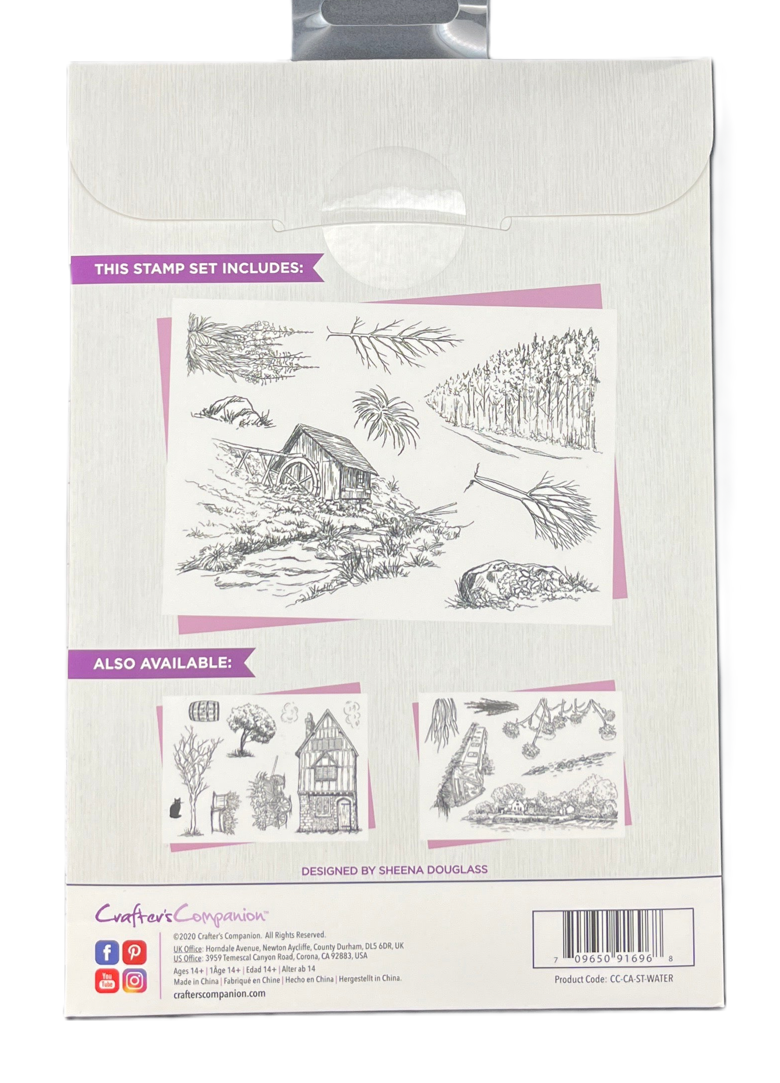Packaging of a stamp set with illustrations of nature scenes and a cabin.