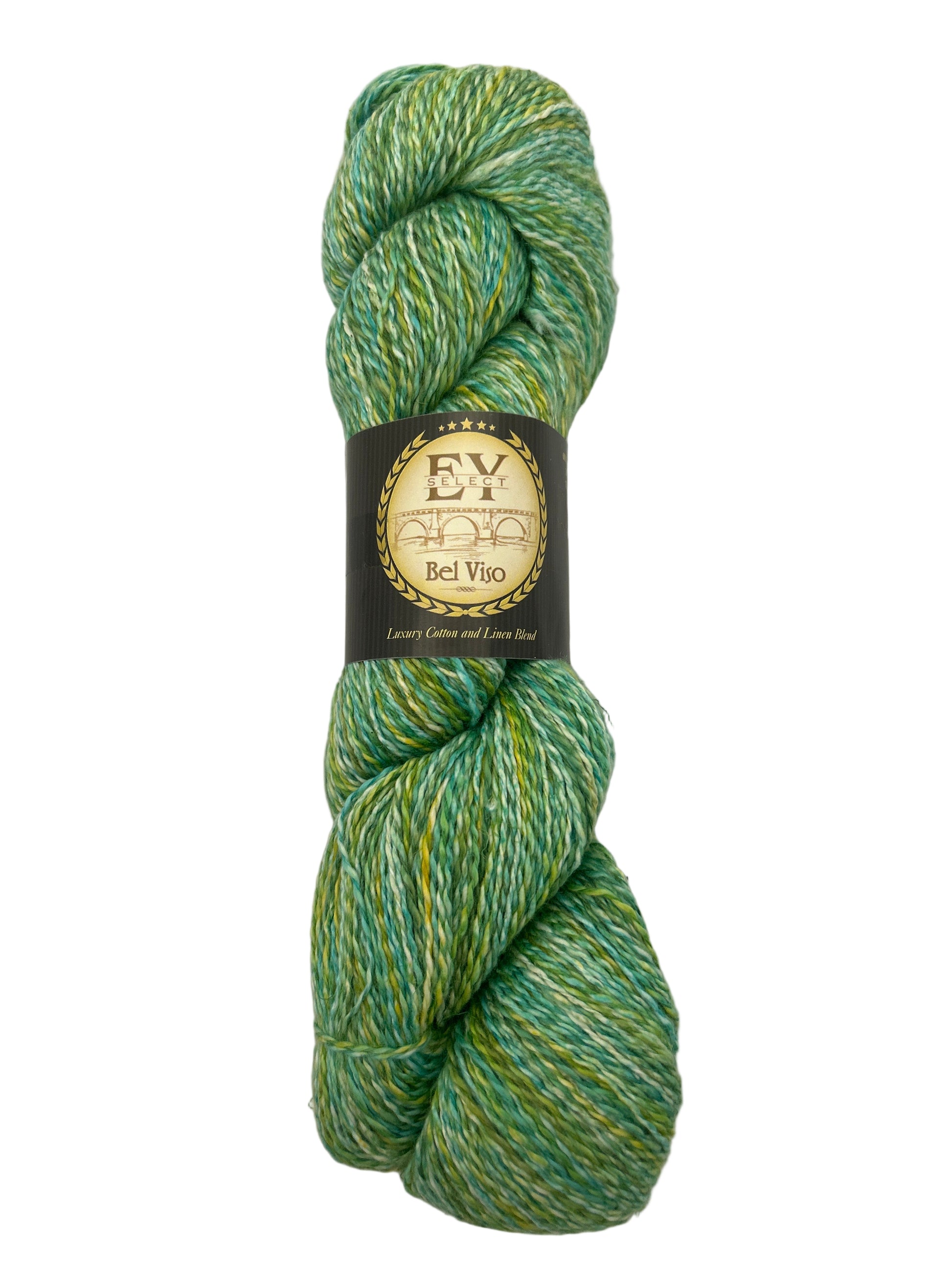 Green and yellow skein of yarn with a label on a white background
