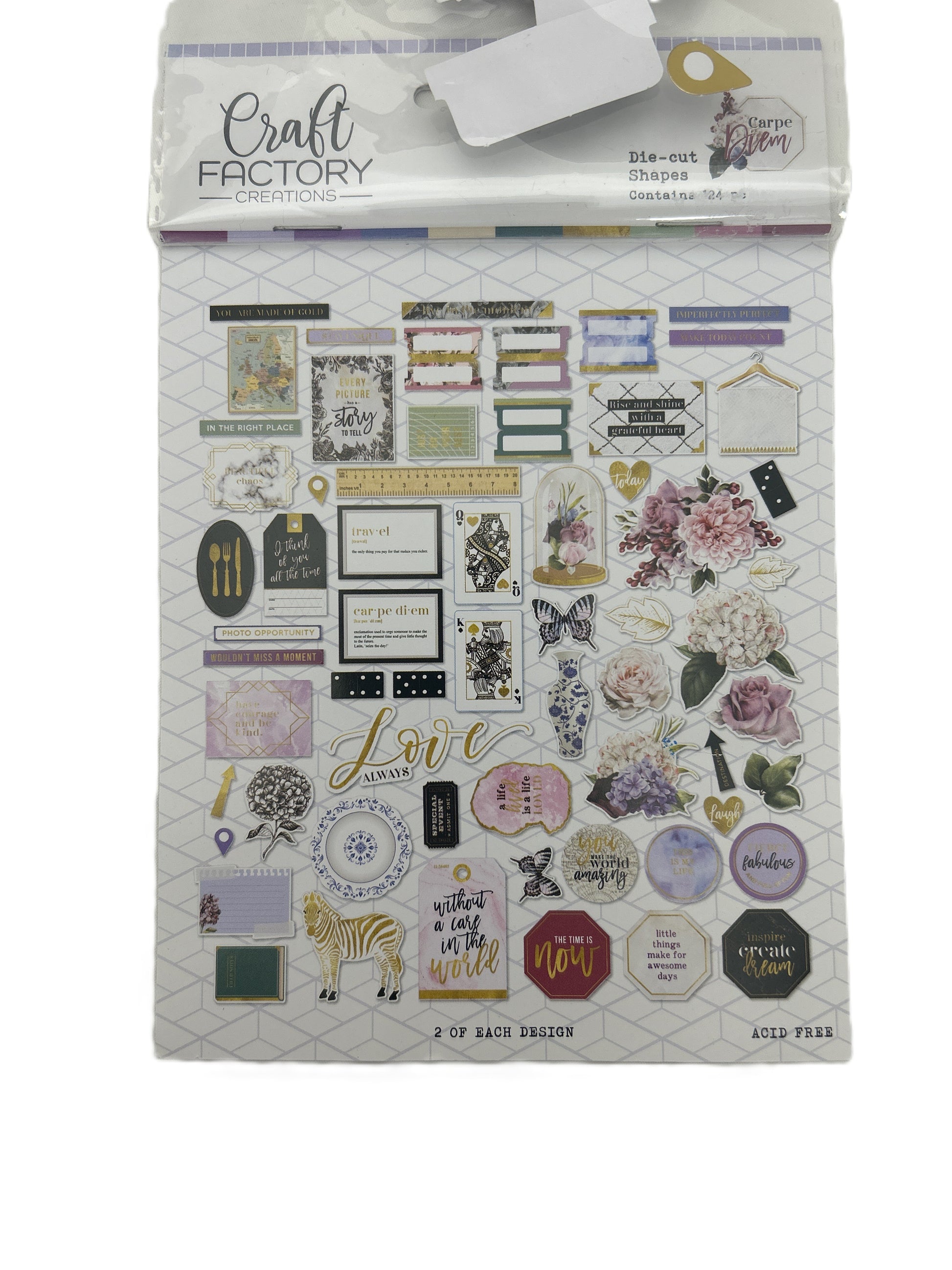 Packaging of Craft Factory stickers with various designs on a white background