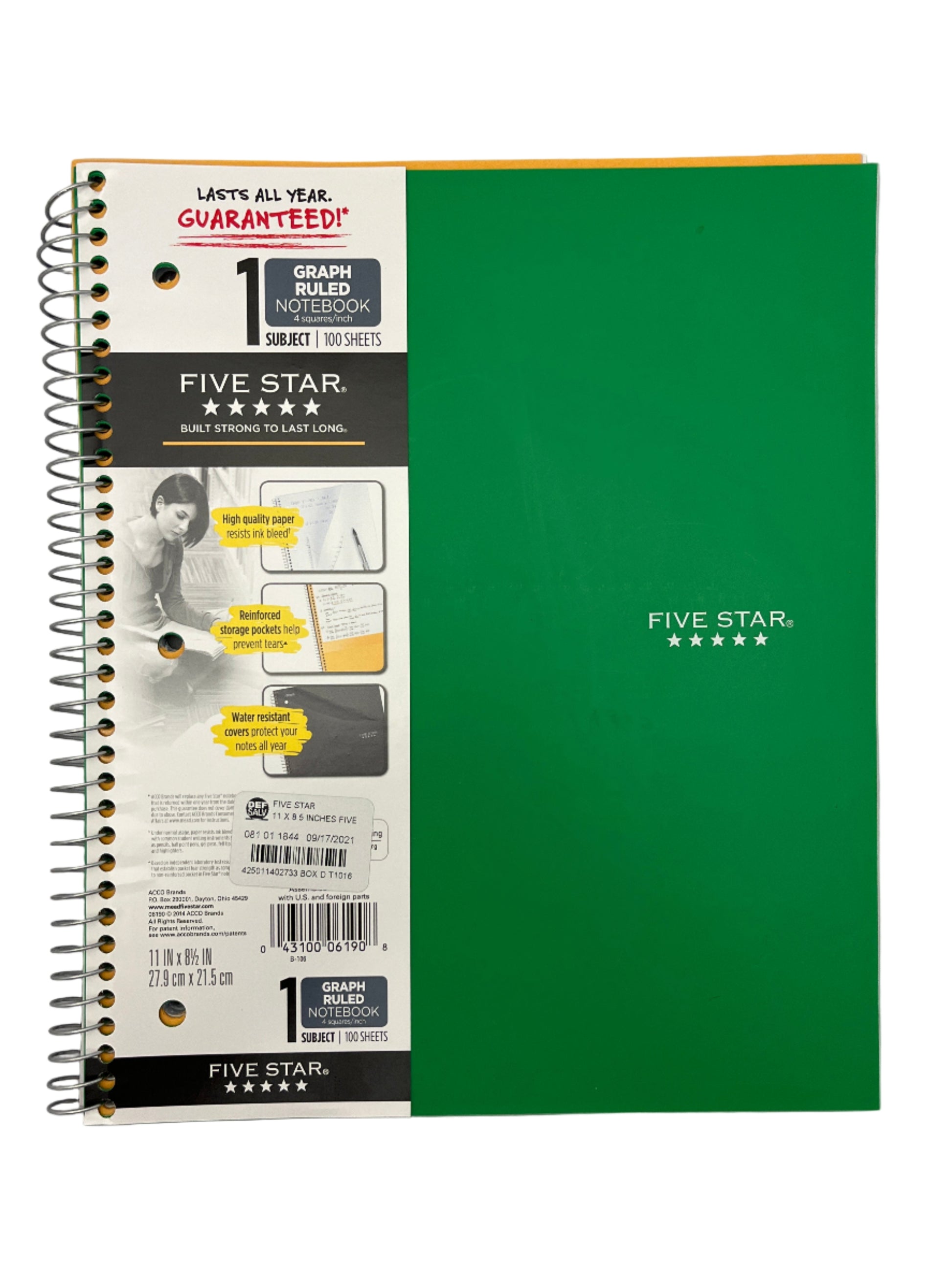 Green notebook with Five Star branding on a gray background