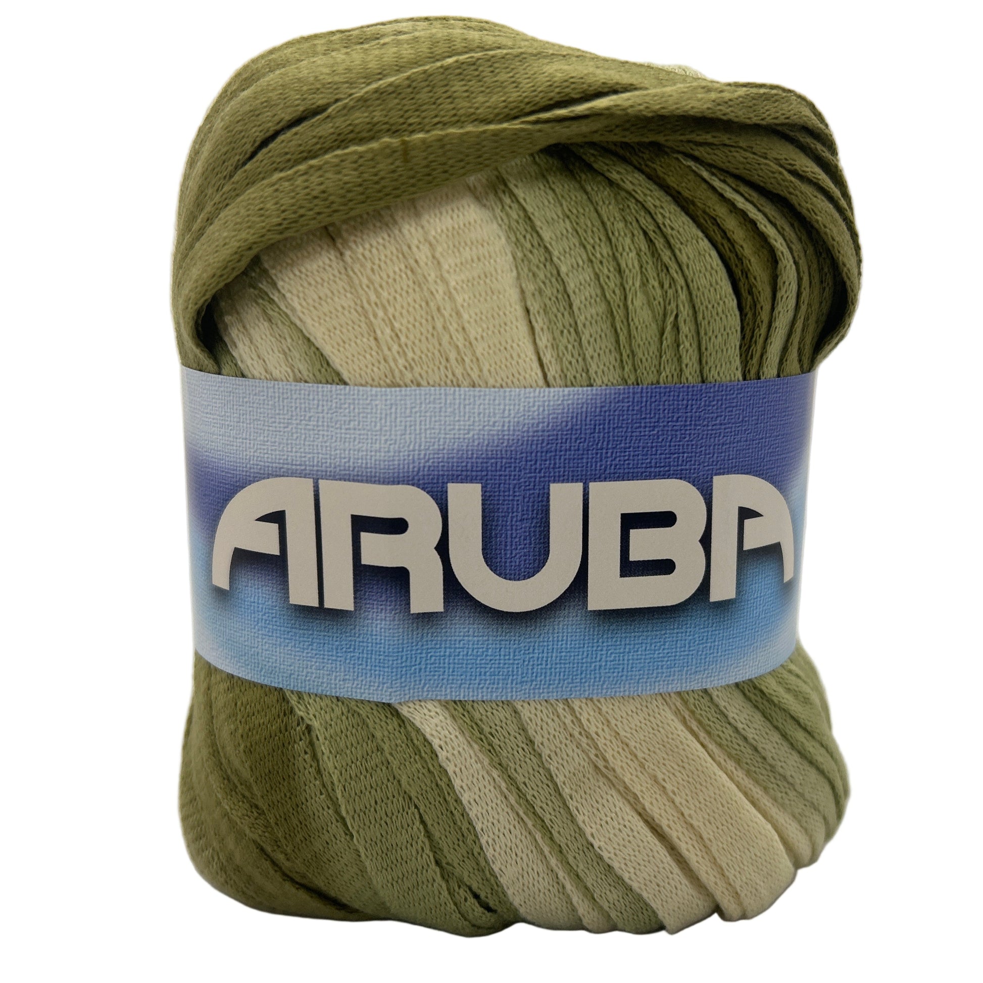 Ball of green yarn with 'Aruba' label on a white background
