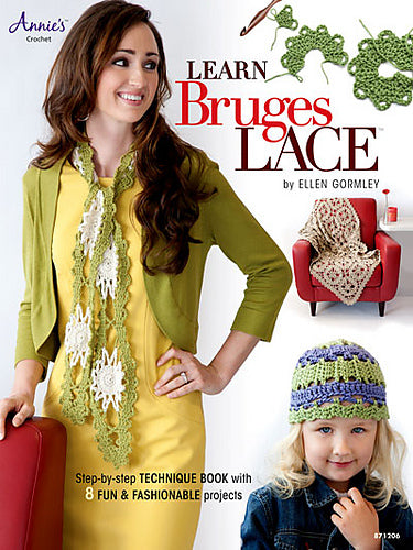 Book cover for 'Learn Bruges Lace' by Ellen Gormley featuring a woman and child with crochet projects.