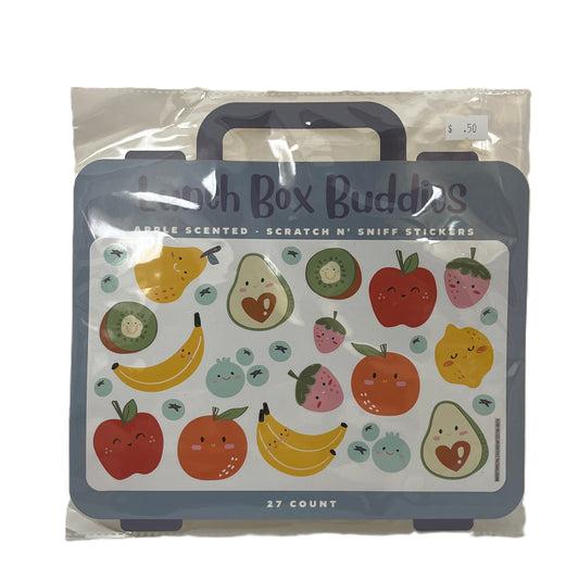Packaged scratch n' sniff stickers with fruit designs on a white background