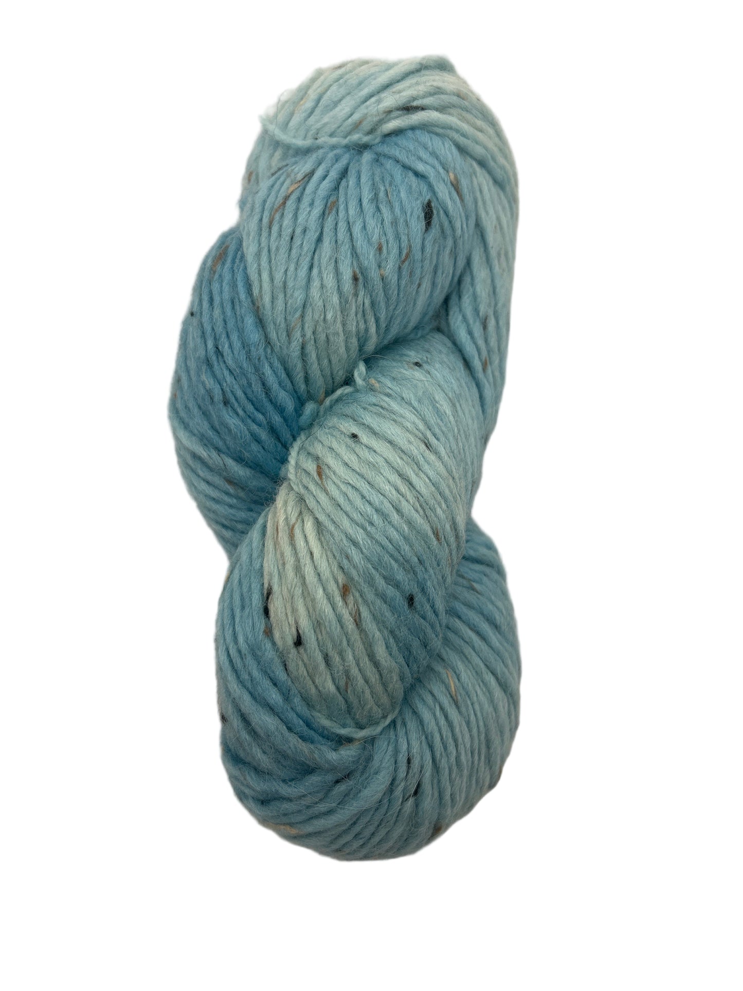 Light blue skein of yarn on a white background