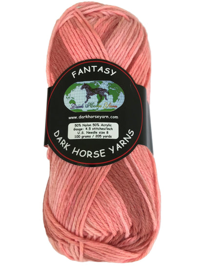 Ball of pink yarn with a Dark Horse Yarns label on a white background
