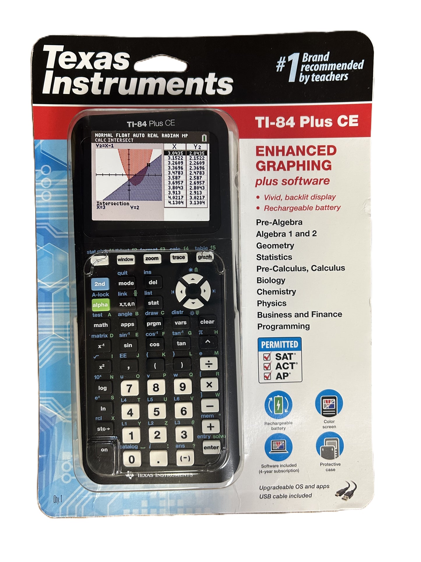 Texas Instruments TI-84 Plus CE graphing calculator in packaging