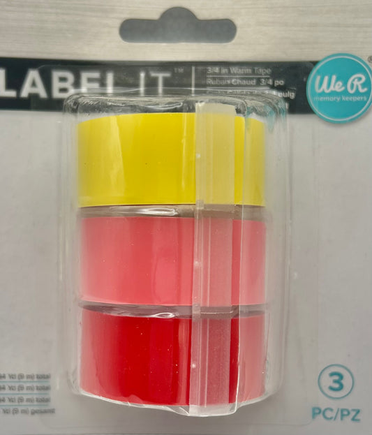 Two red labels with a yellow top in clear packaging on a white background.