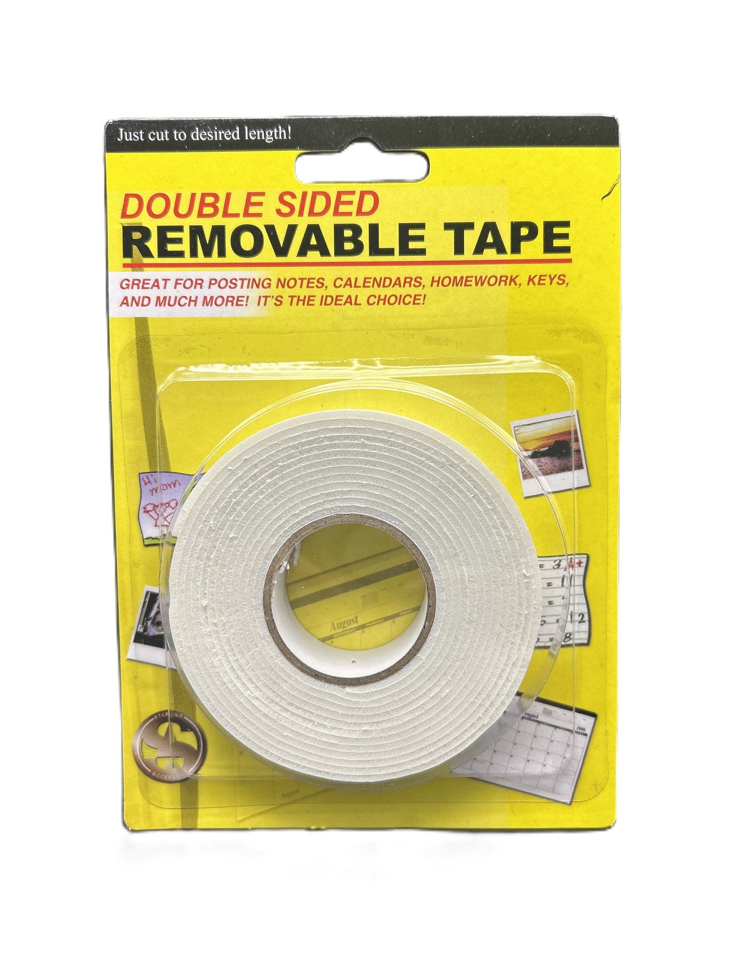 Double-sided removable tape in packaging with text on a yellow background