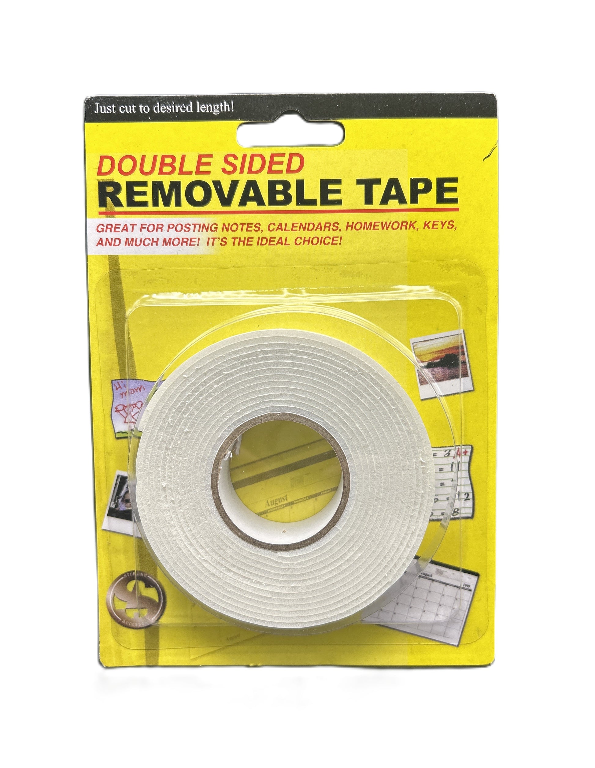 Double-sided removable tape in packaging with text on a yellow background