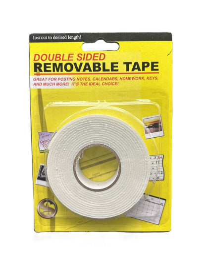 Double-sided removable tape in packaging with text on a yellow background