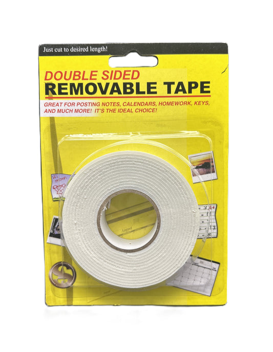 Double-sided removable tape in packaging with text on a yellow background