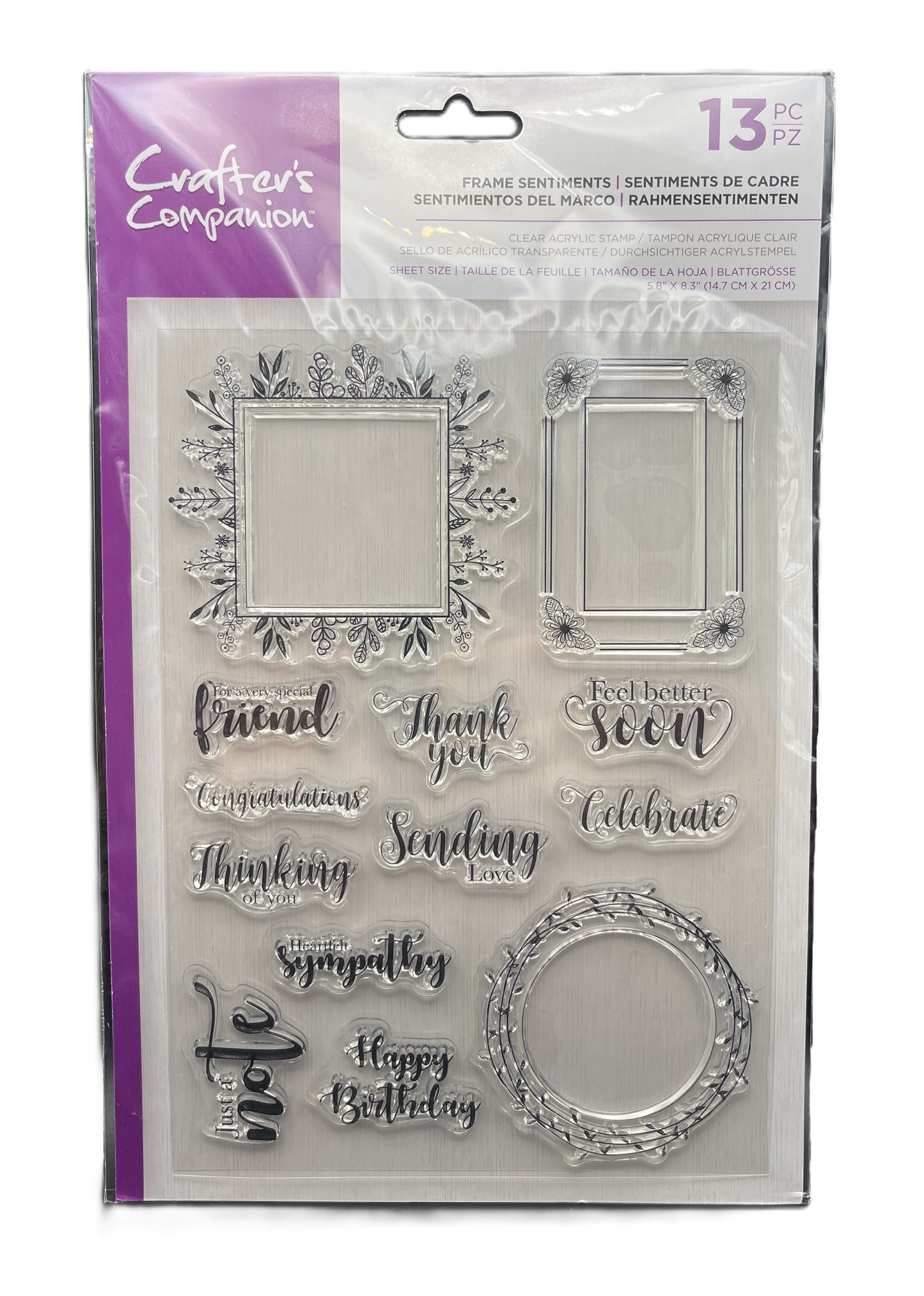 Clear stamp set with various designs and text on a Crafter's Companion packaging.