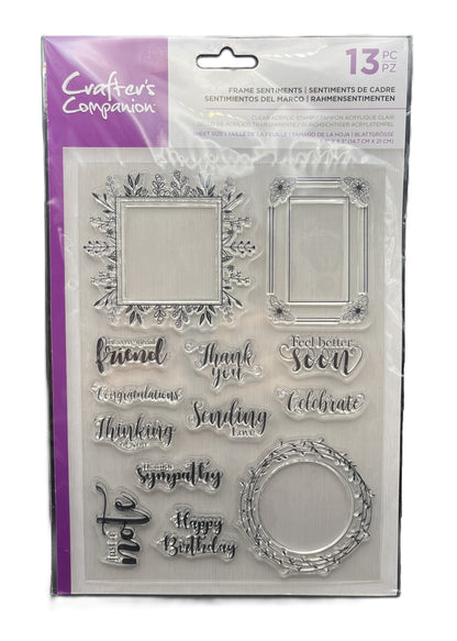 Clear stamp set with various designs and text on a Crafter's Companion packaging.