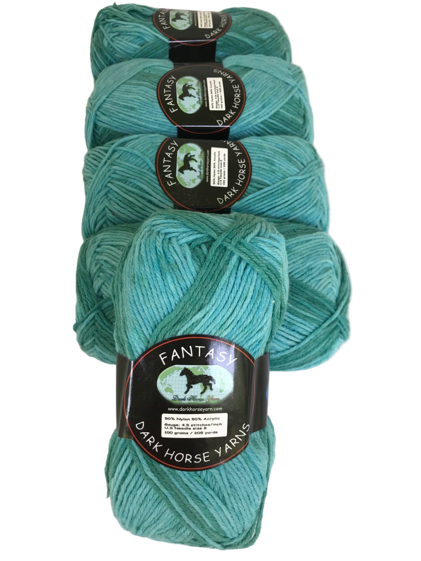 Four skeins of teal yarn with 'Dark Horse Yarns' labels on a white background