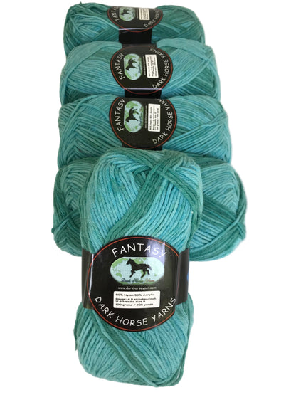 Four skeins of teal yarn with 'Dark Horse Yarns' labels on a white background